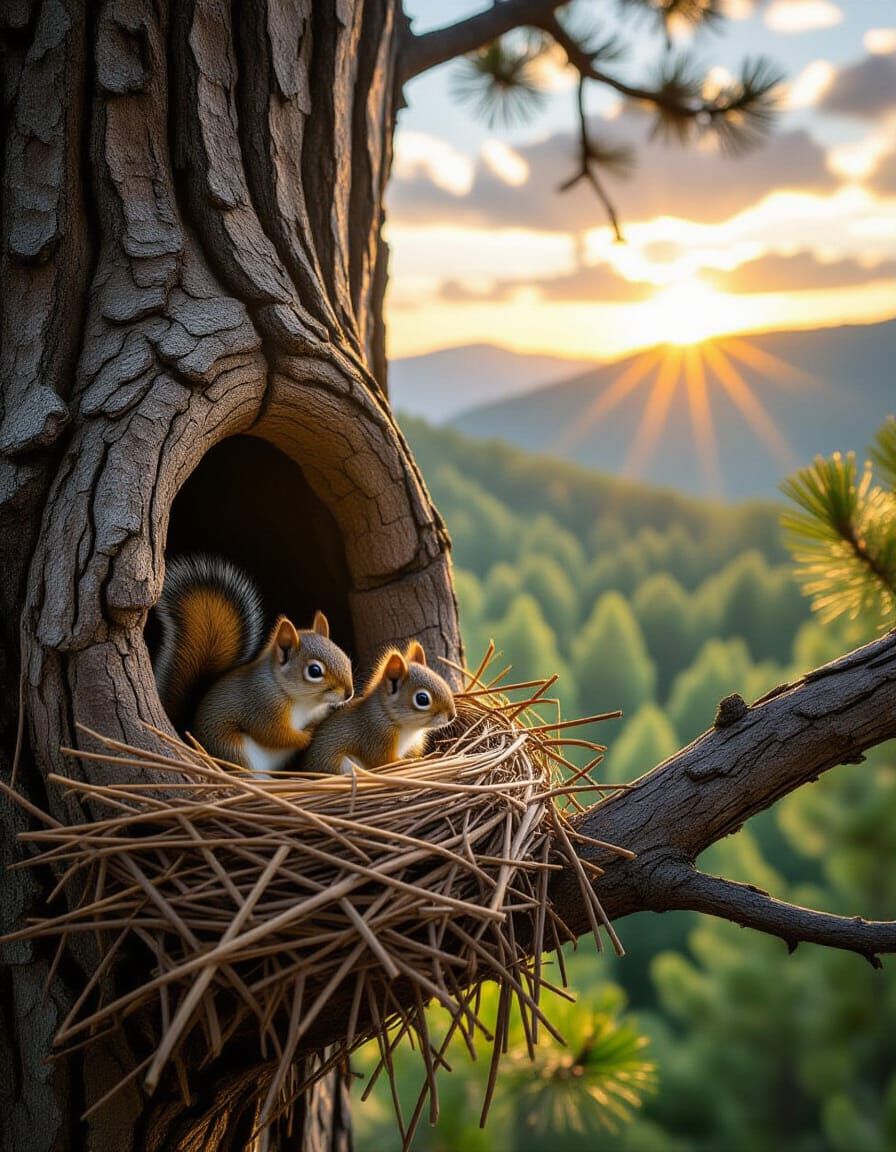 A home with a branch with two young squirrels