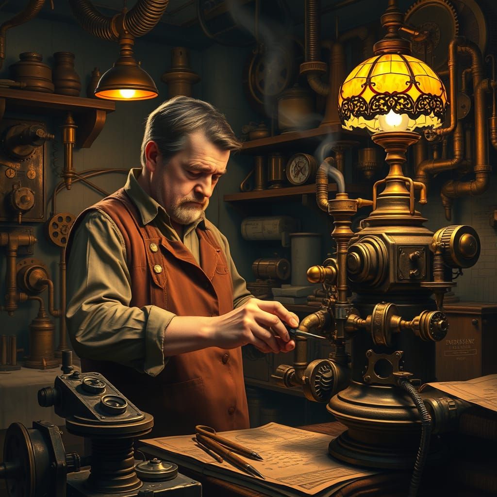 Steampunk Inventor Tinkers with Copper Machine in Warm Works...