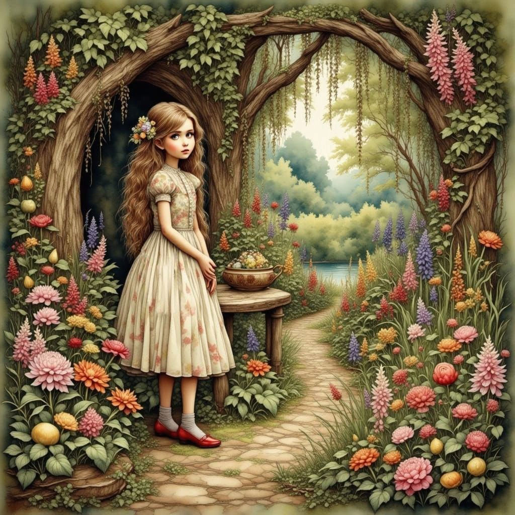 Secret Garden in Antique Watercolor Style