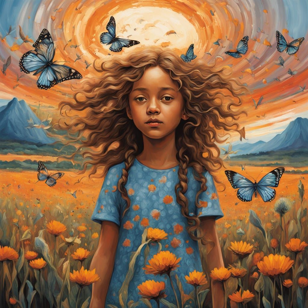 Surreal Sculpture of Child in Wildflower Field at Sunset