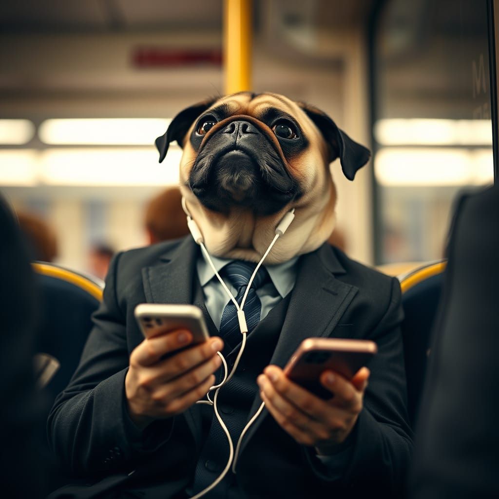 Dapper Pug Commuter on National Rail Train