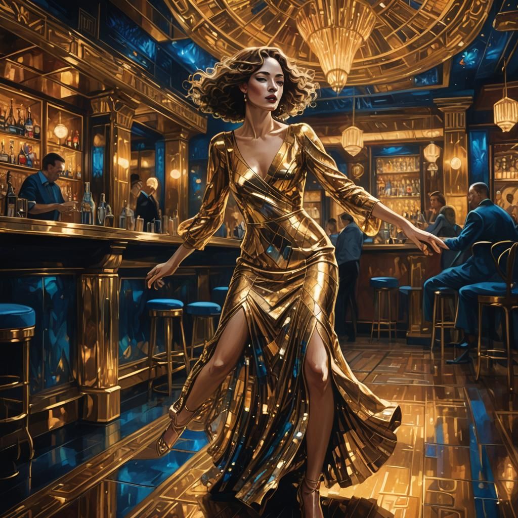 Golden Art Deco Dancer in Ornate Bar