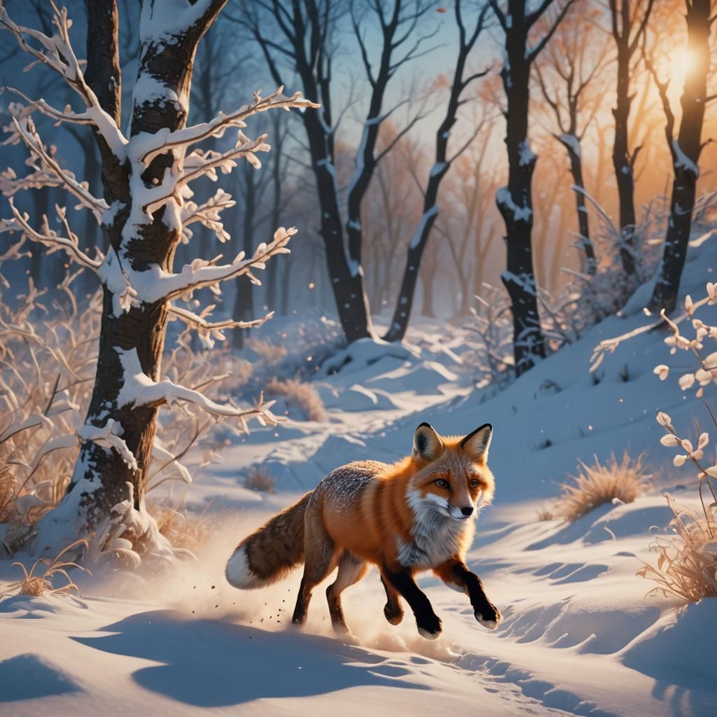 Fox Chasing Rabbit Through Snow at Dusk