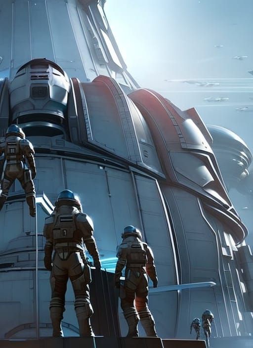 Astronauts in Spacesuits Pose Before Sci-Fi Spaceship