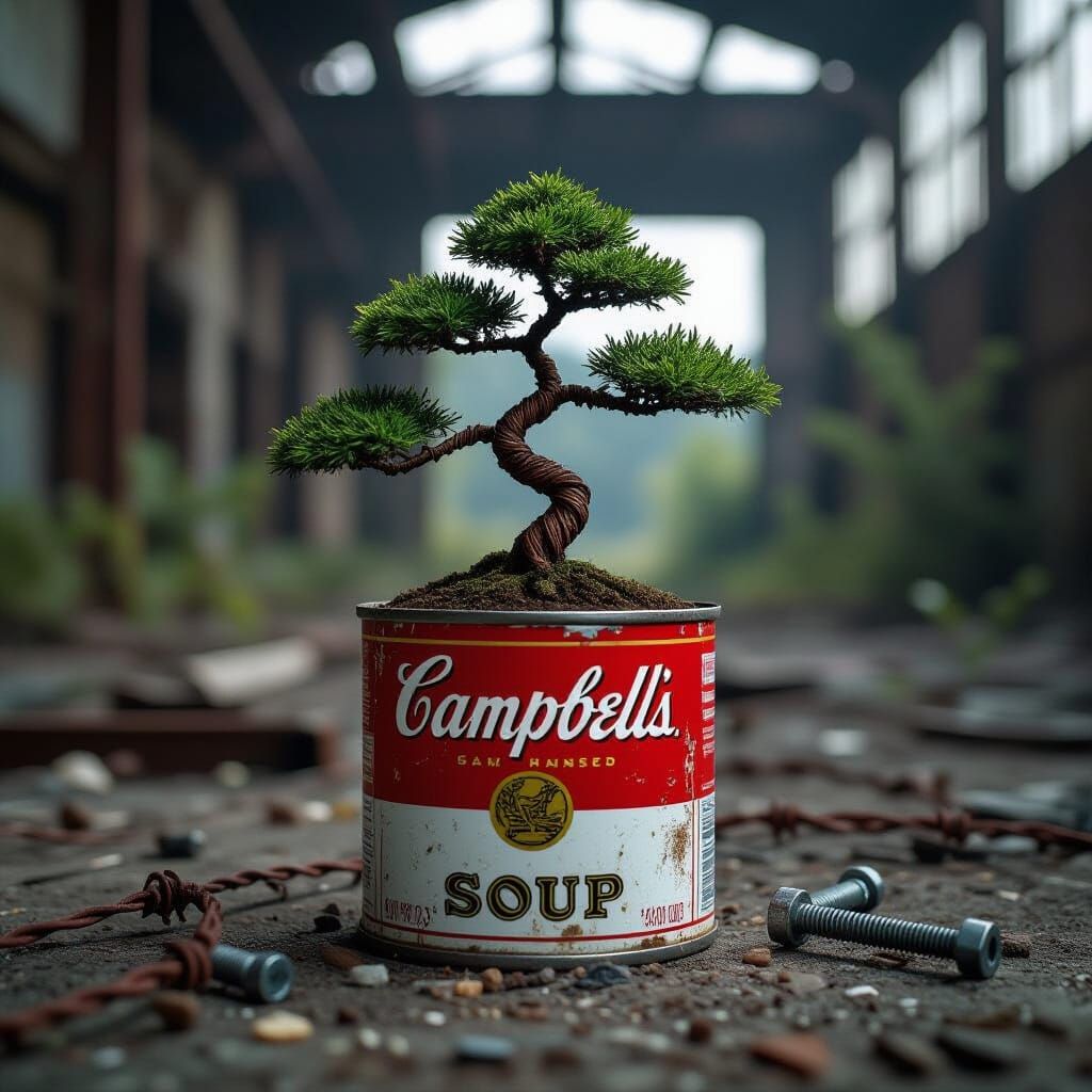 Bonsai Tree in Rusty Soup Can: Industrial Decay