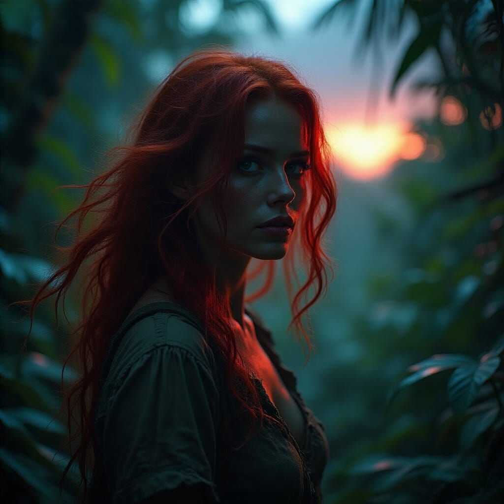 Woman in Alien Jungle at Twilight with Bioluminescent Flora