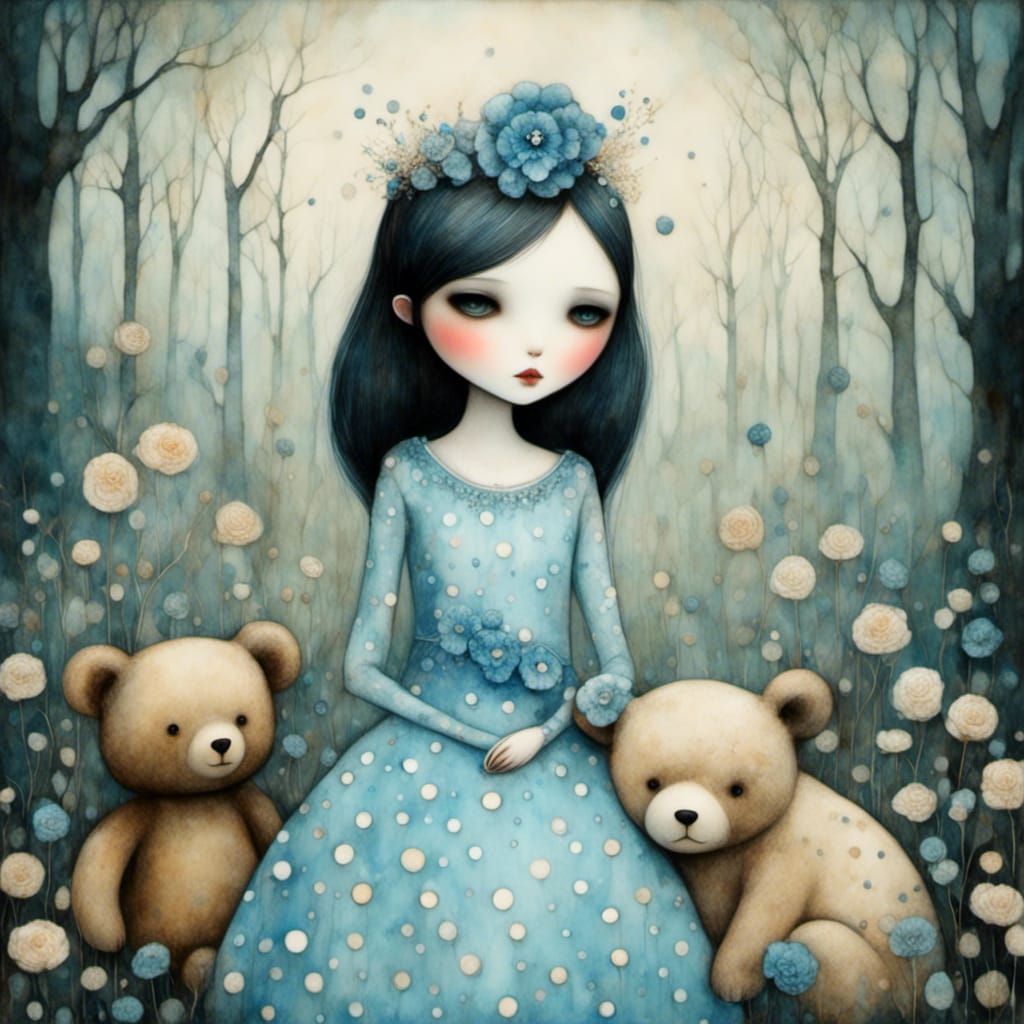 Porcelain Doll and Teddy Bear in Garden