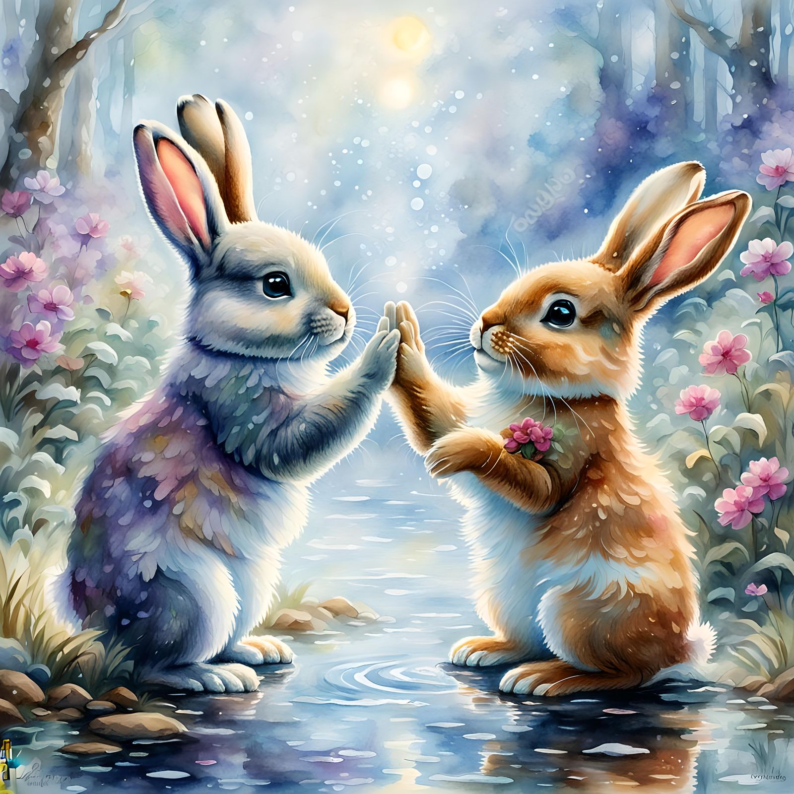 Two Cute Bunnies High Five in Watercolor Style