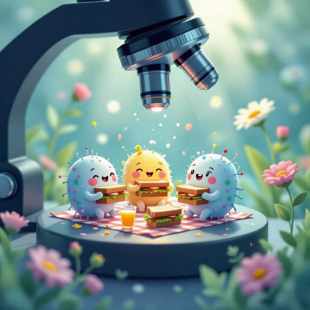 Whimsical Cells Picnic Under Microscope Lens