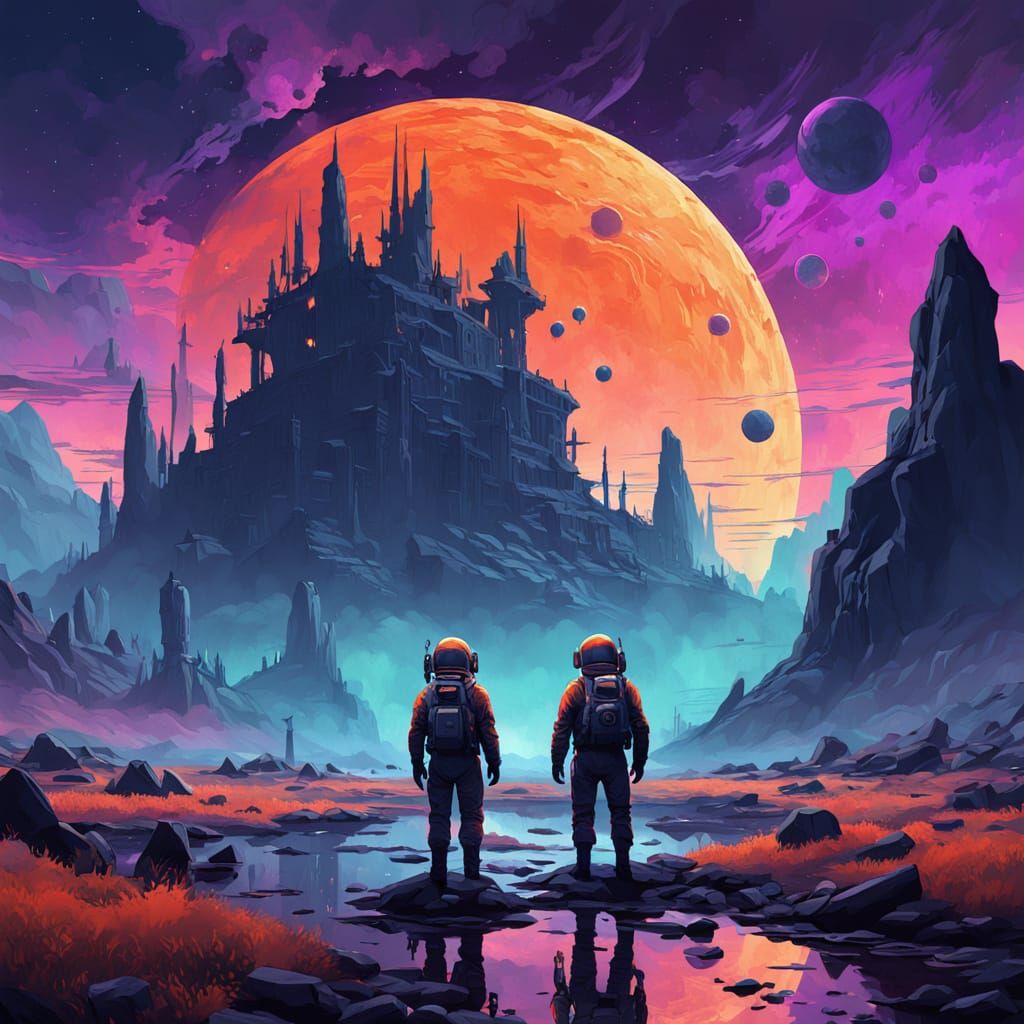 Astronaut on Alien Planet Gazing at Nebula