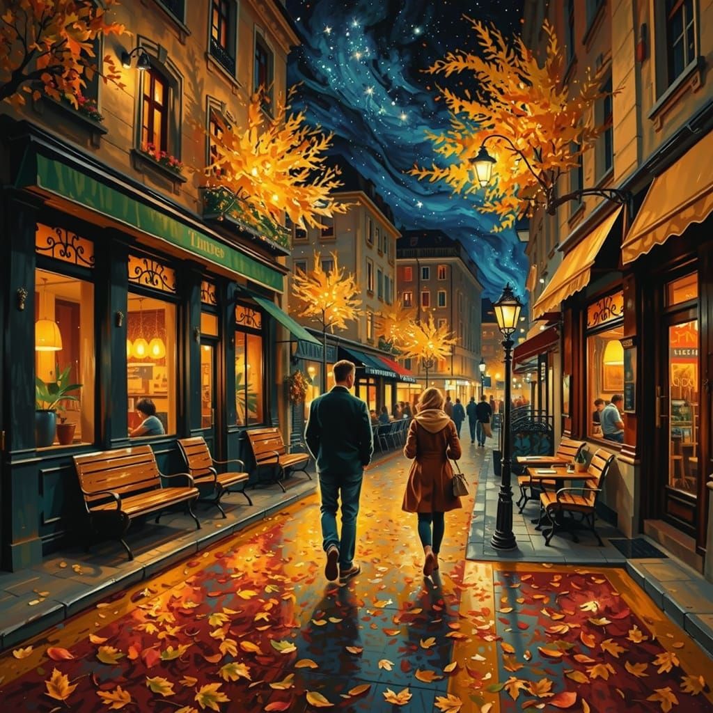 Impressionist Night Scene: Couple Under Autumn Stars