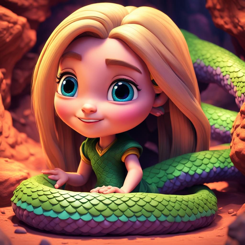 Chibi Rapunzel as Medusa in Cavern: 3D Digital Art