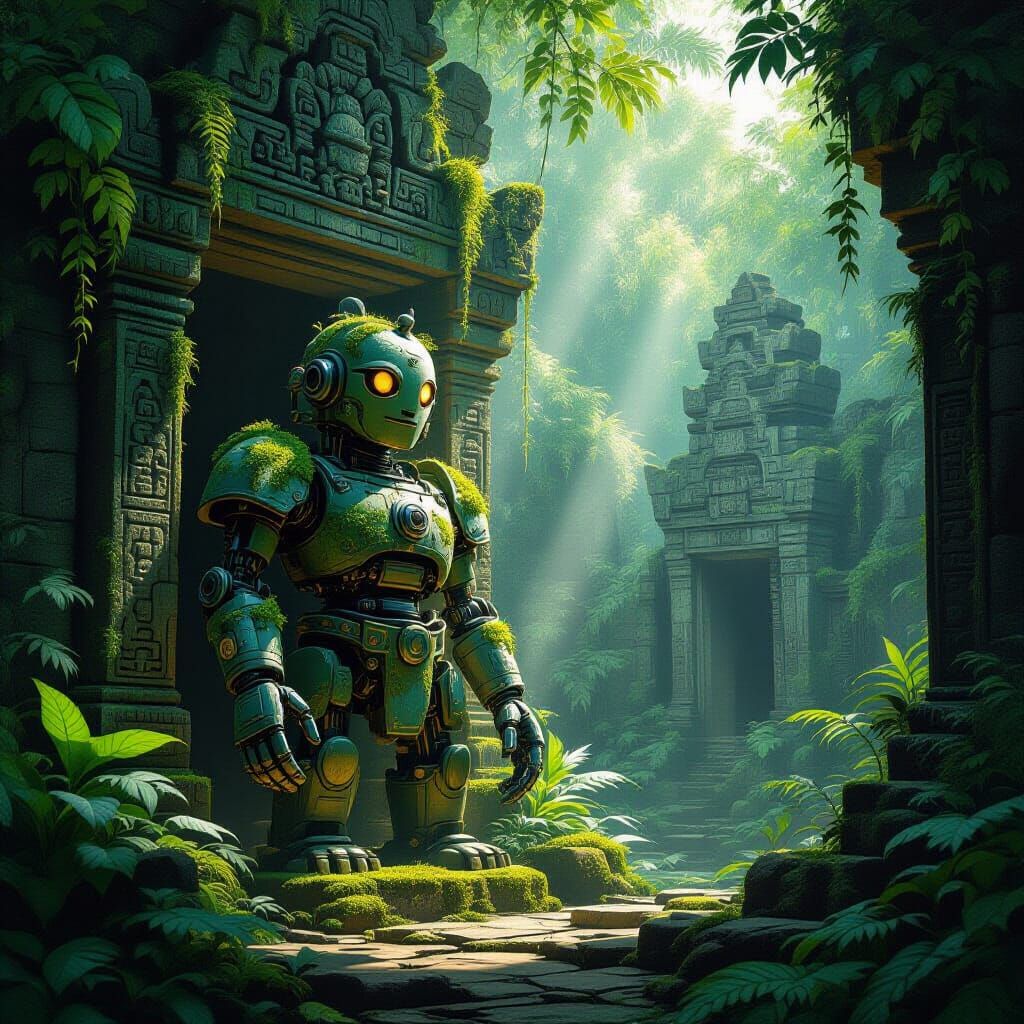 Ancient Automaton Guarding Jungle Temple in Ghibli & Giger S...
