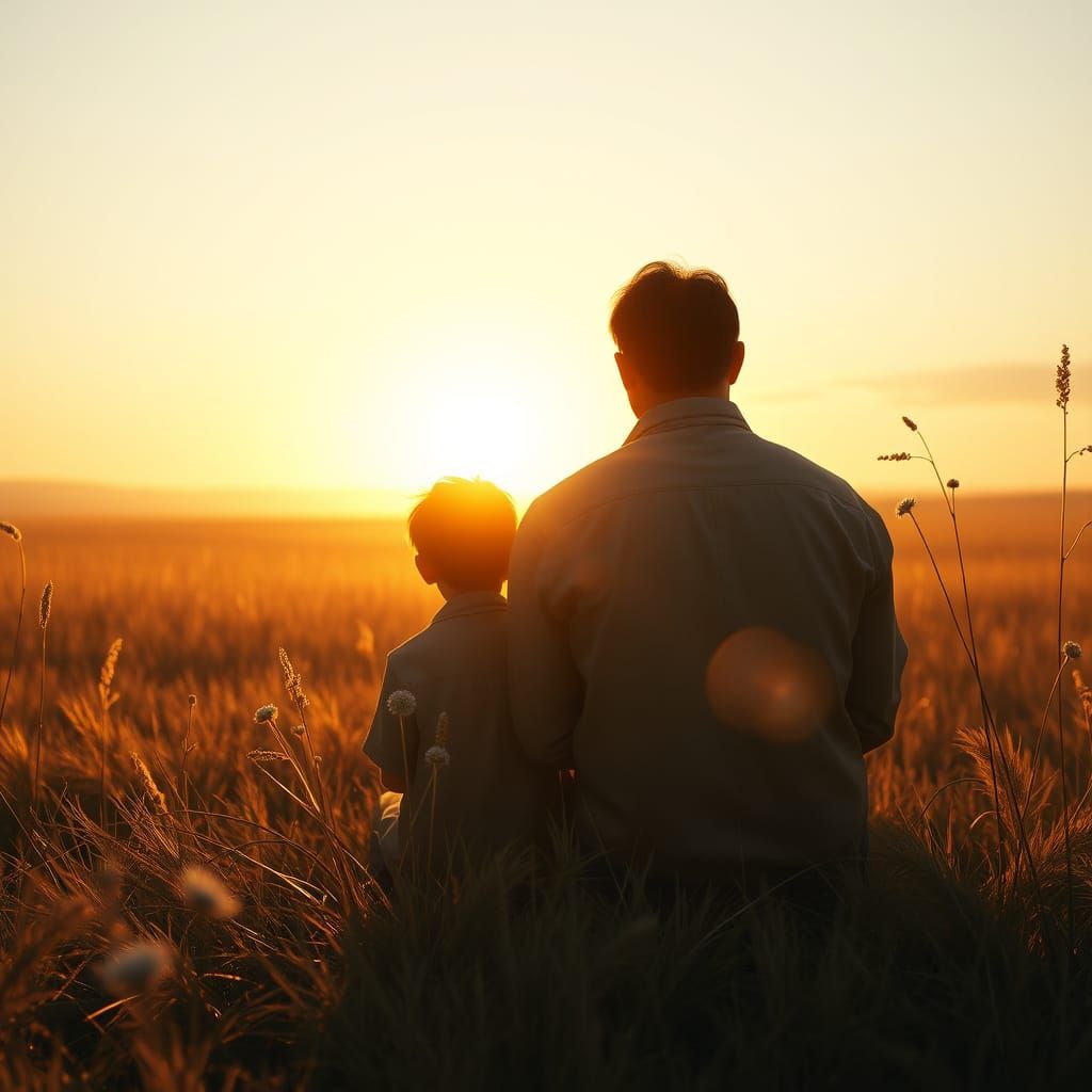 Serene Father-Son Duo Basks in Golden Sunrise Glow