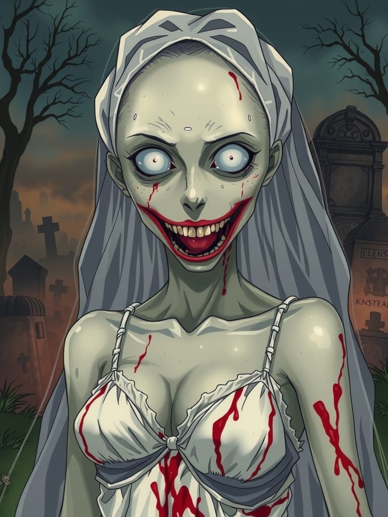 Anime zombie bride pale skin, dead facial expression, all while eyes, slightly open mouth showing sharpened teeth, tatte...