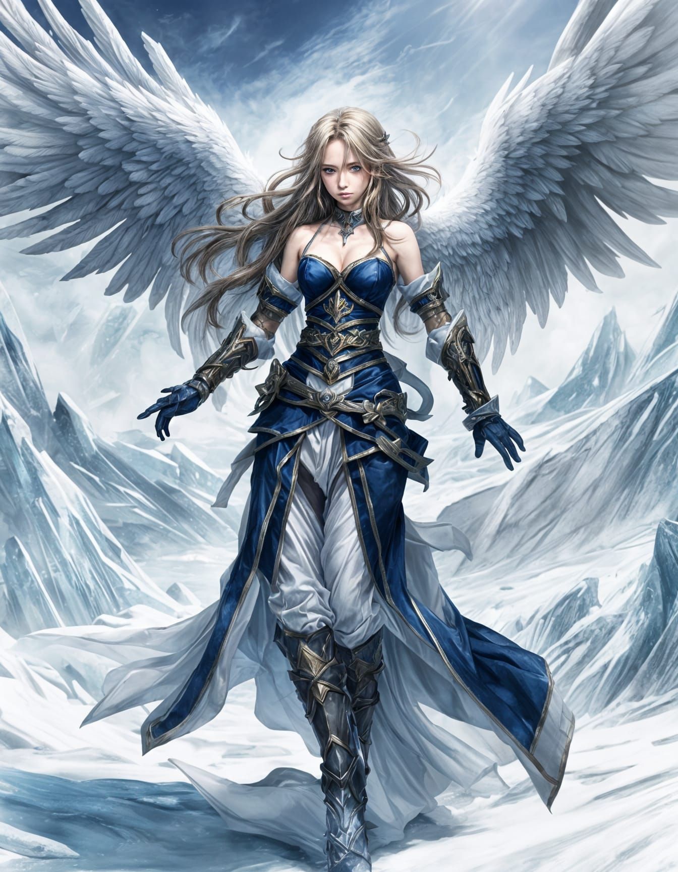 Female Dark Blue Battle Angel in a Battle Stance, Surrounded by Icy Winds