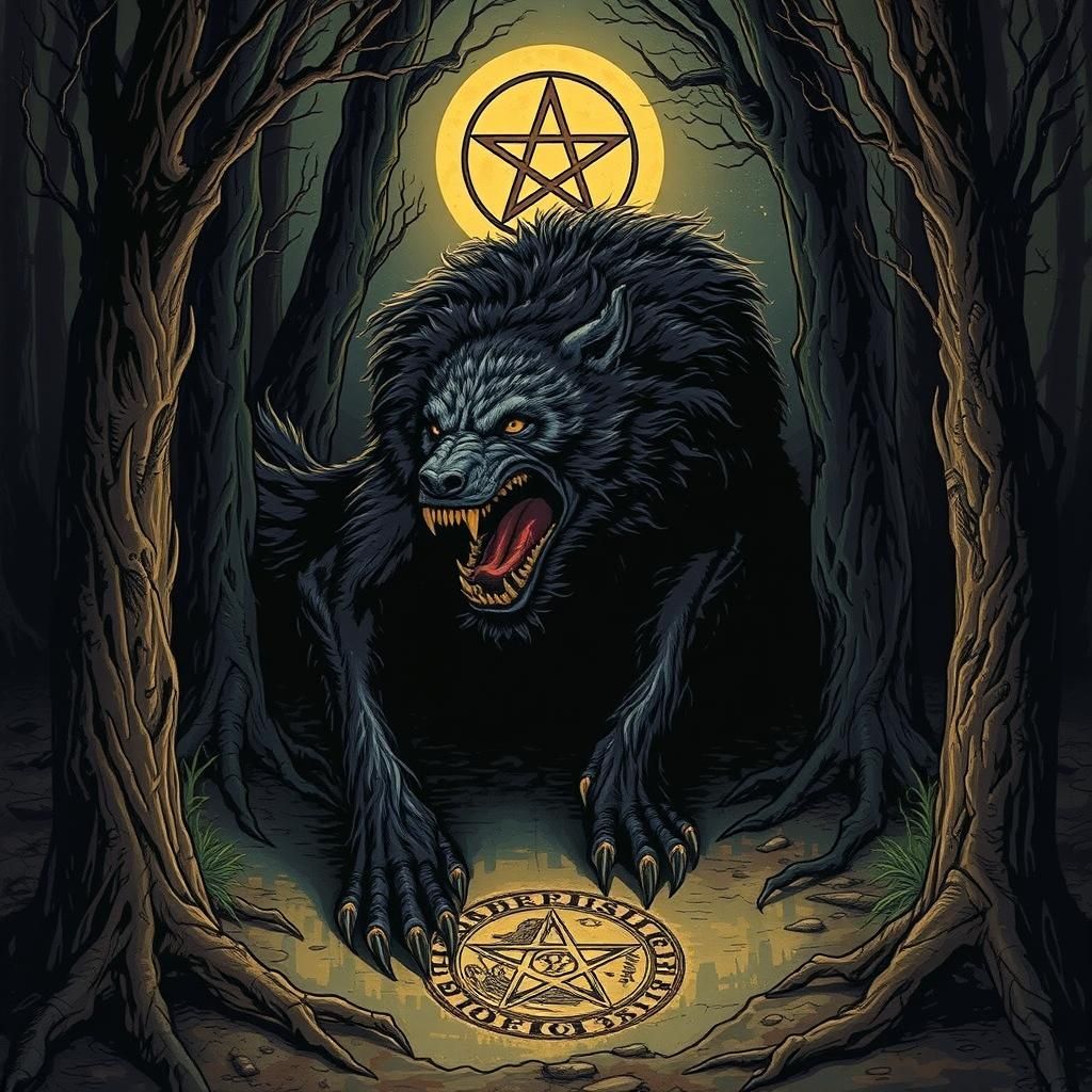 Medieval Woodcut: Ominous Werewolf and Mystical Pentacle