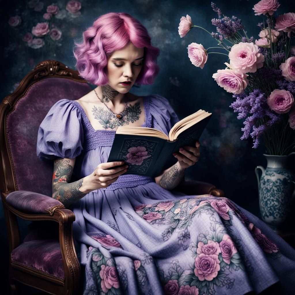 Pink-Haired Woman Reading, Polaroid Style Digital Painting