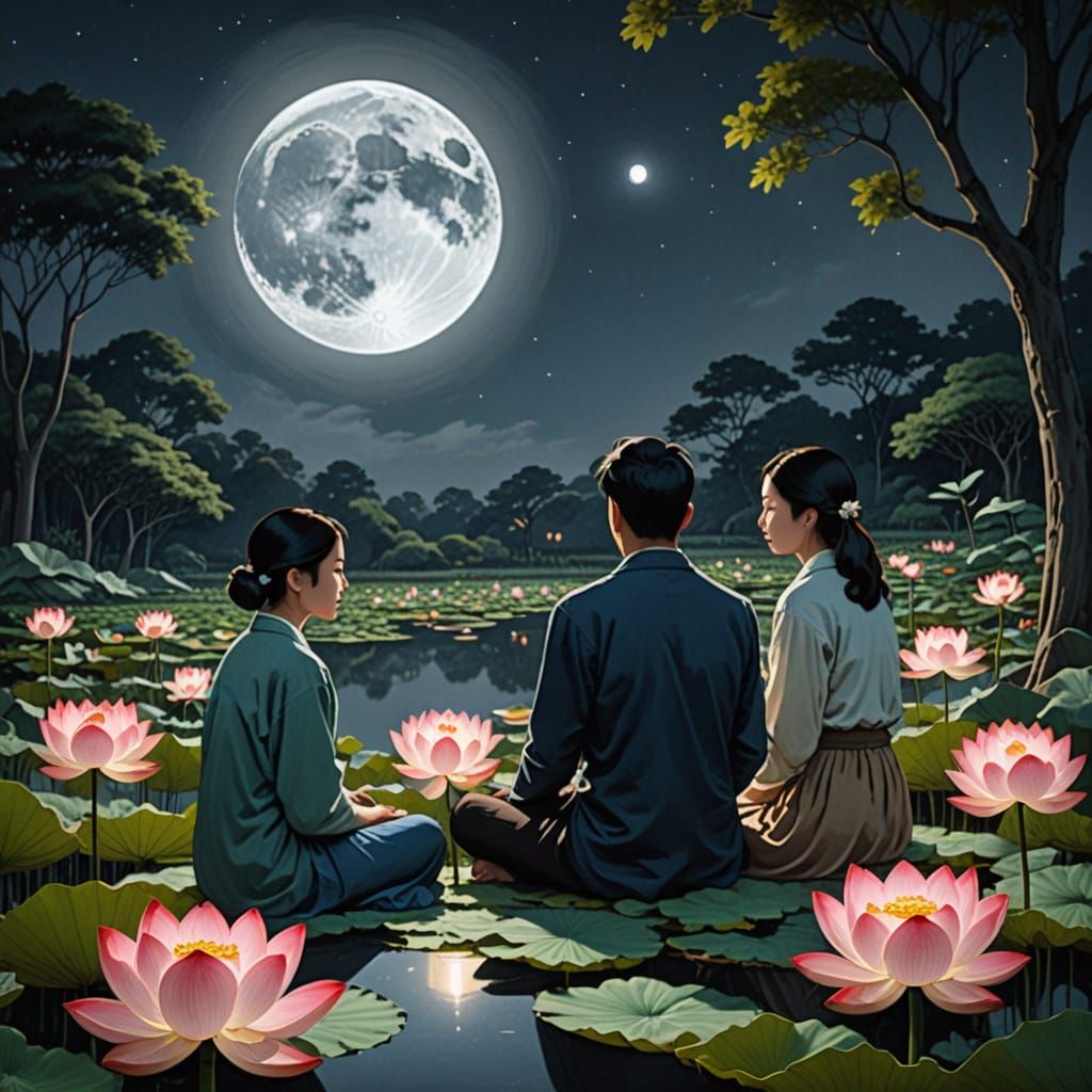 Couple Gazing at Moon in Lotus Garden
