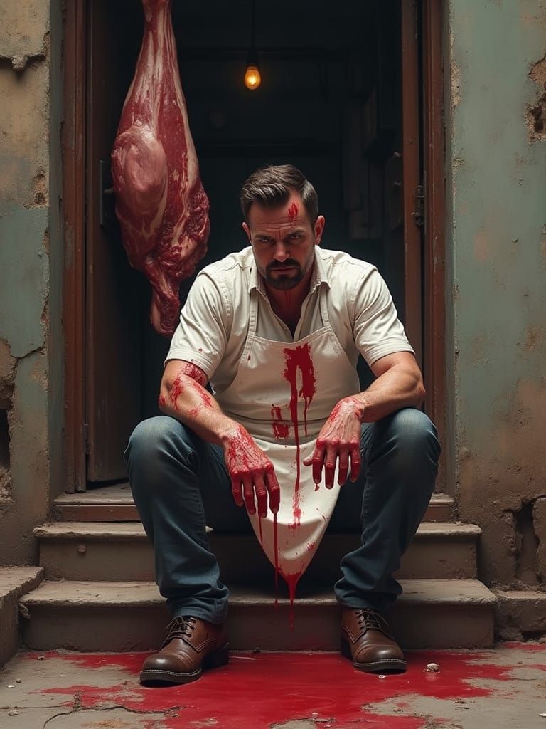 Man in Blood-Stained Apron Sits Near Butcher's Shop
