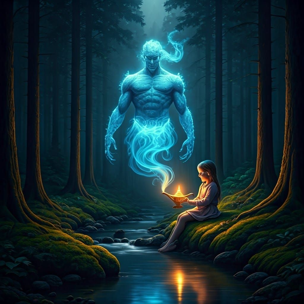 Girl with Genie in Forest, Hyper-realistic Art