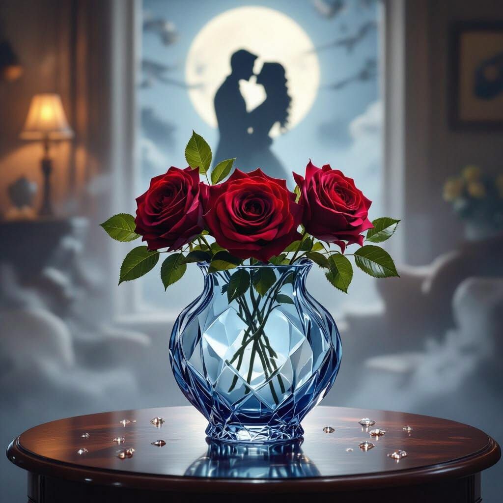 Roses in Crystal Vase with Kissing Couple Silhouette