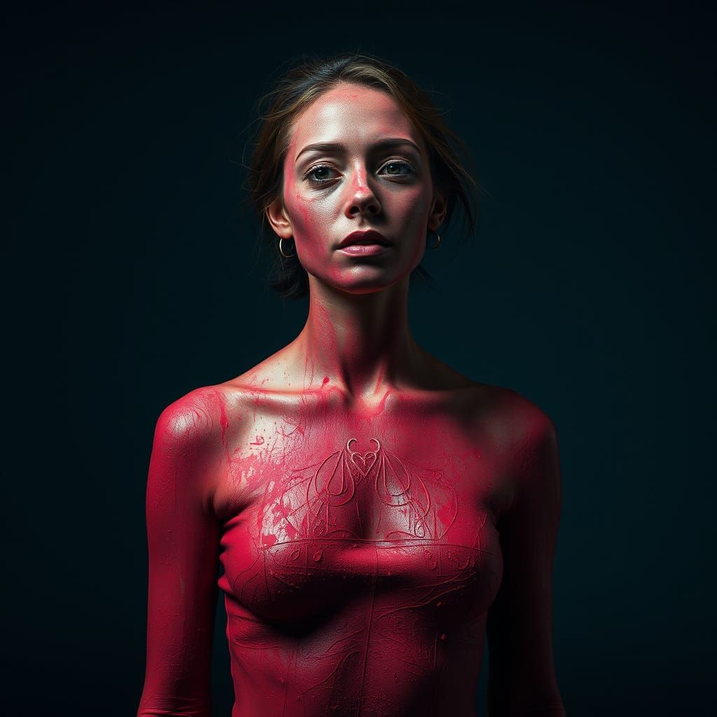 Woman in Red Paint: Hyperrealistic Studio Portrait