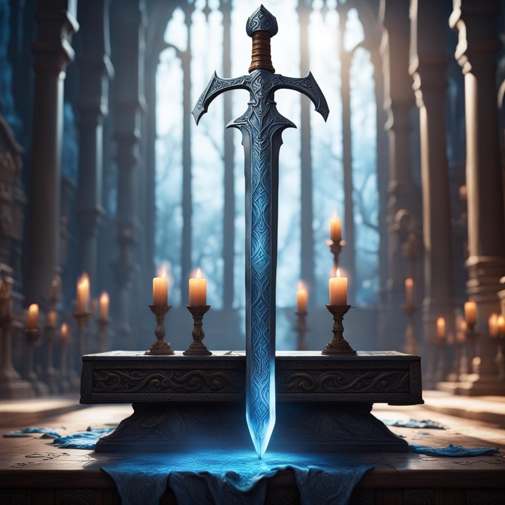 Magical Greatsword with Blue Runes in Hyperrealism