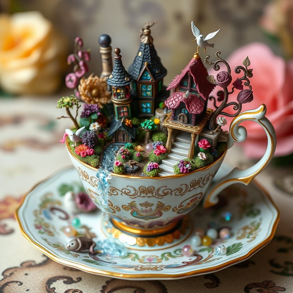 Miniature Teacup World with Magical Creatures and Gardens