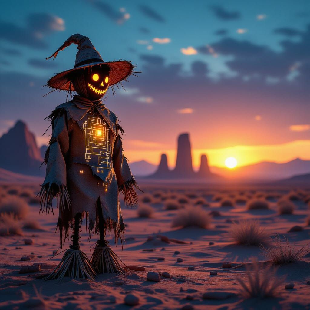 Cybernetic Scarecrow in Alien Desert Under Binary Sunset