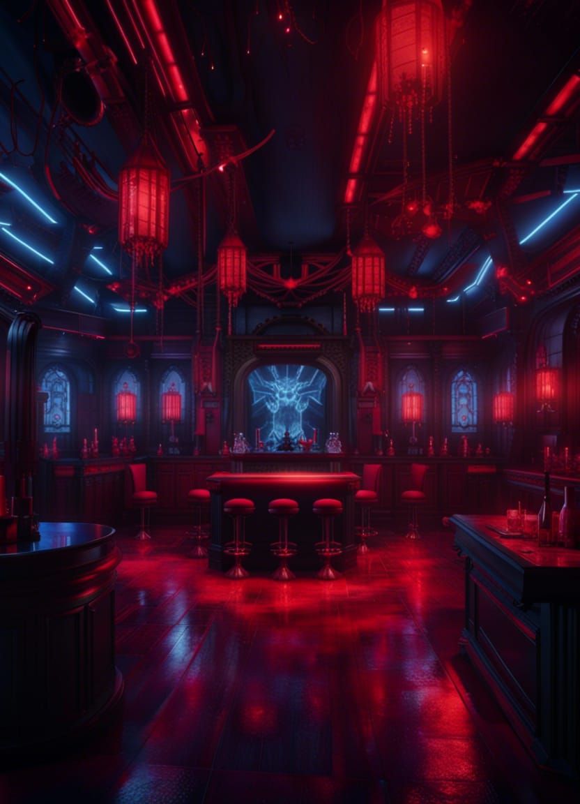 Cyber Goth Vampire Bar in Dark Fantasy Night