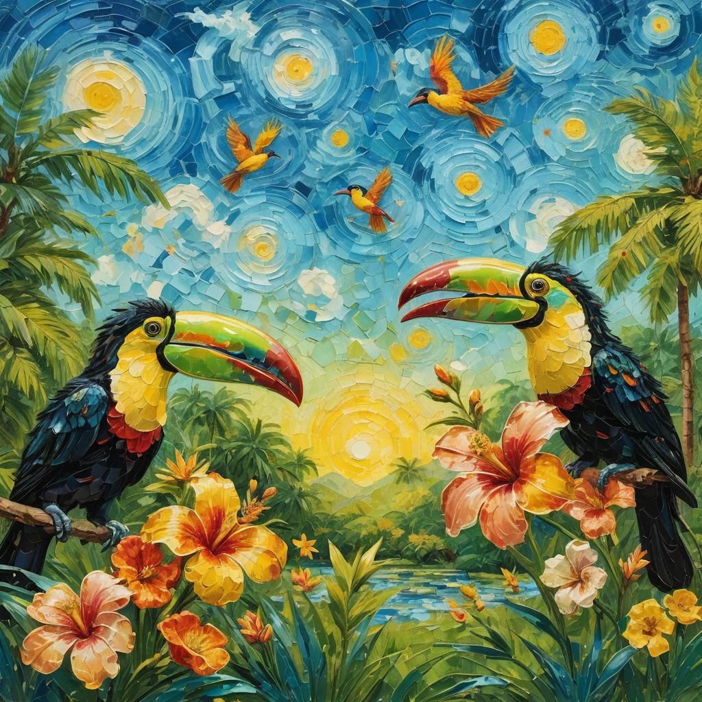 Ebru Art: Tropical Flowers with Toucans in Lush Landscape