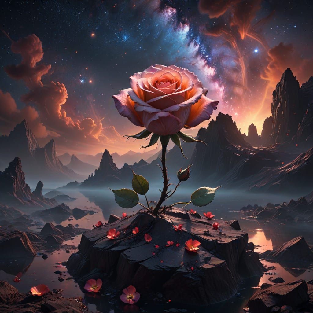 Giant Luminous Rose Blooms on Cosmic Island