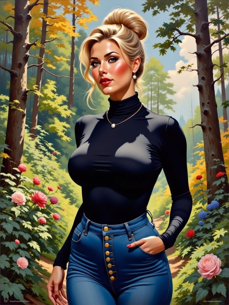 Woman in Impressionist Style Exploring a Whimsical Botanic G...