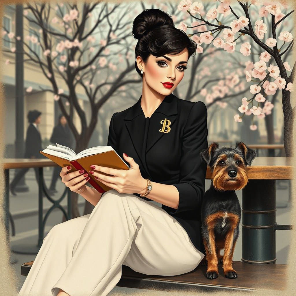 1940s Illustration of Young Woman Reading in Cafe