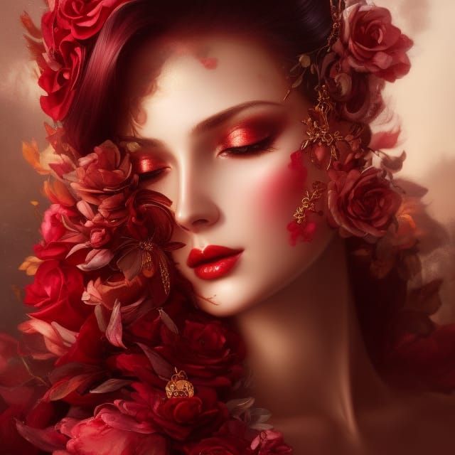 Radiant Red Summer Goddess Portrait in Hyperdetailed Style