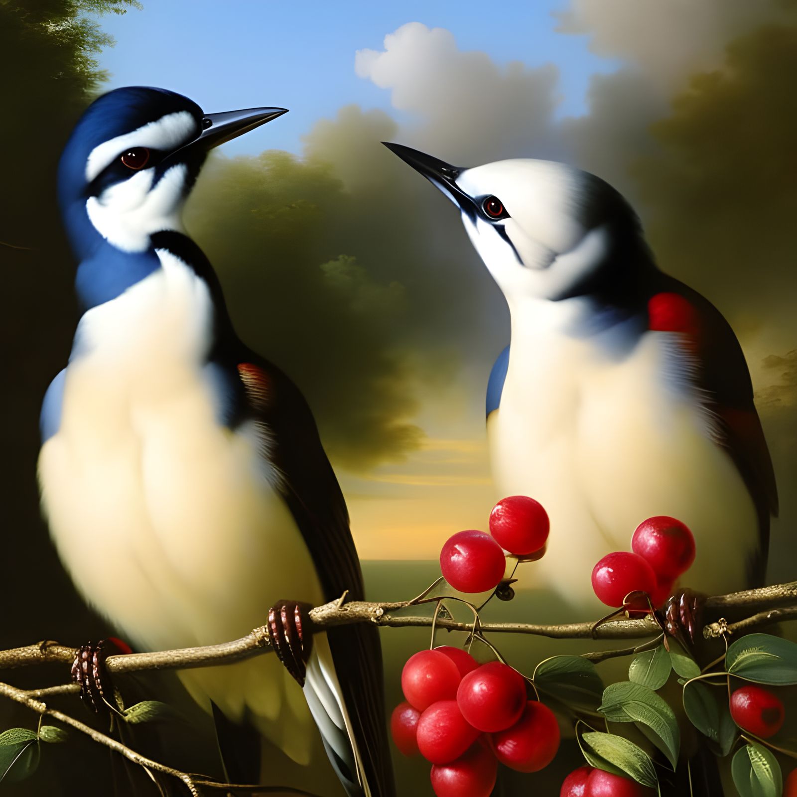 Birds Eating Berries: A Hyperrealistic Oil Painting