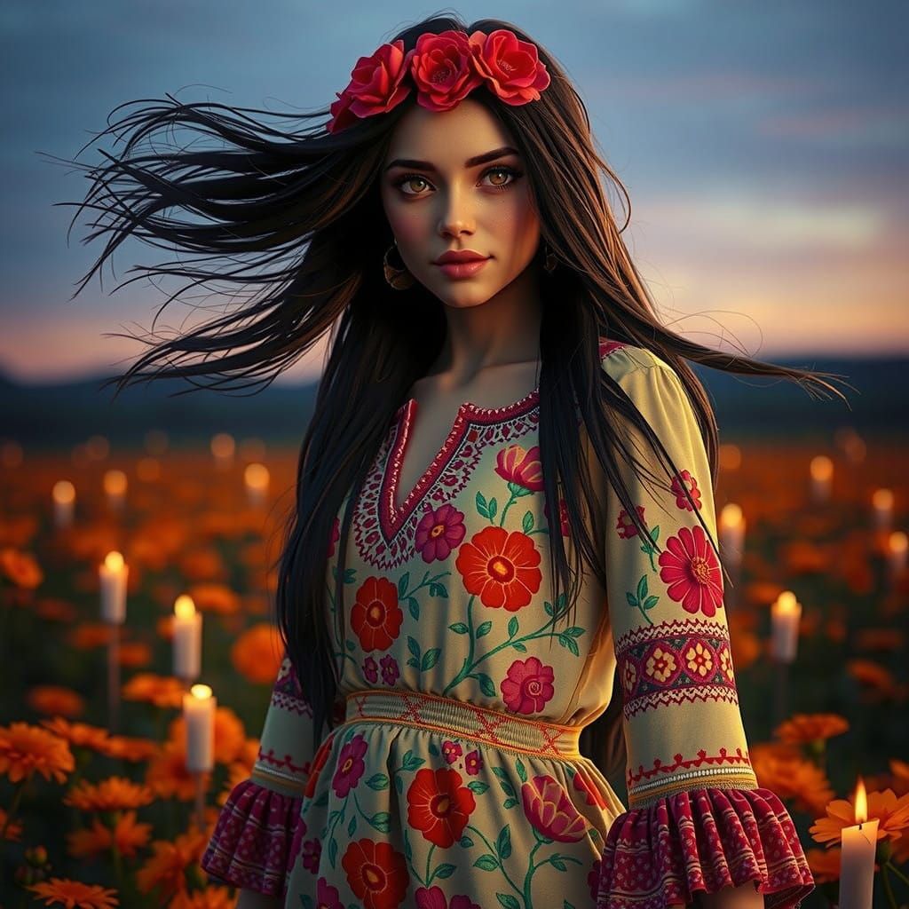 Stunning Mexican Goddess in a Field of Marigolds at Dusk