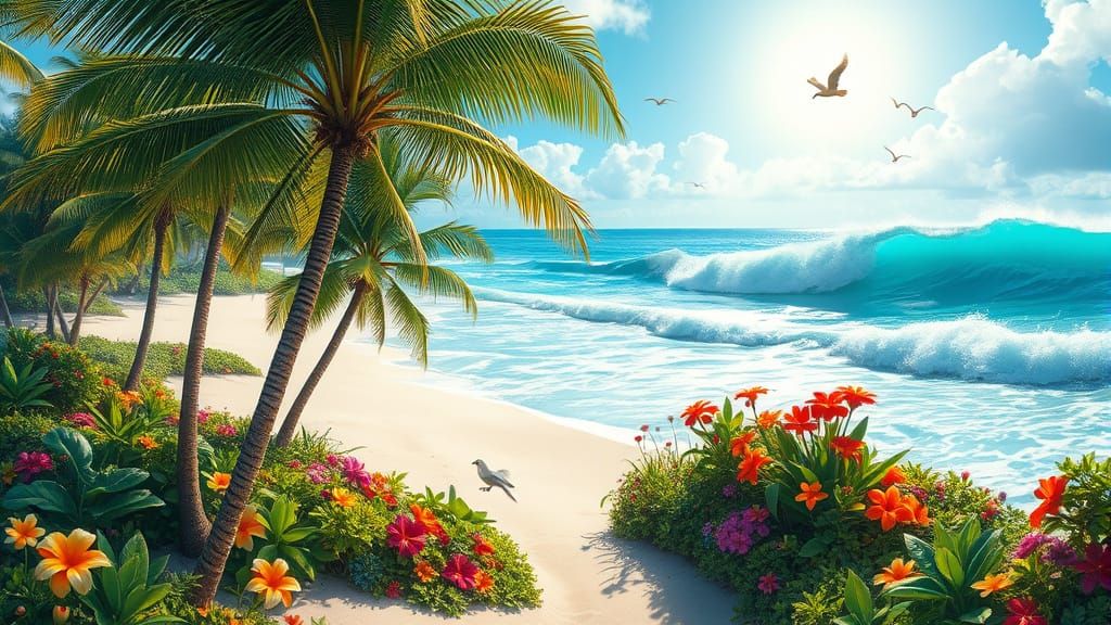 Tropical Island Paradise with Swaying Palms