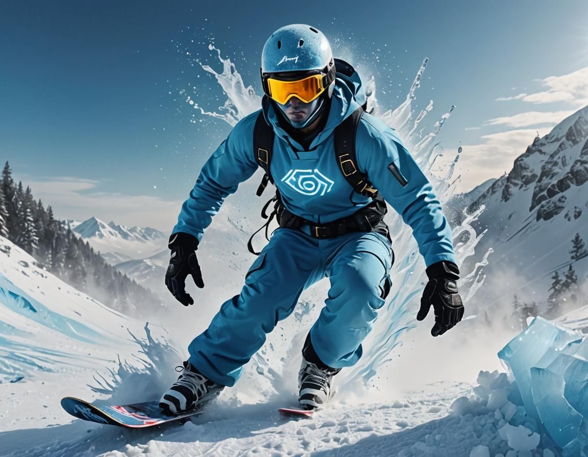 Icy Superhero on Snowboard in Neon Digital Art
