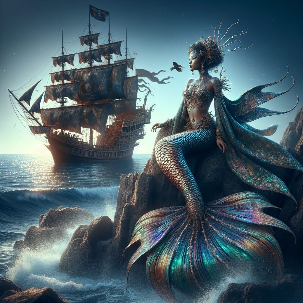 Spellbinding Mermaid and Pirate Ship in Fantasy Art