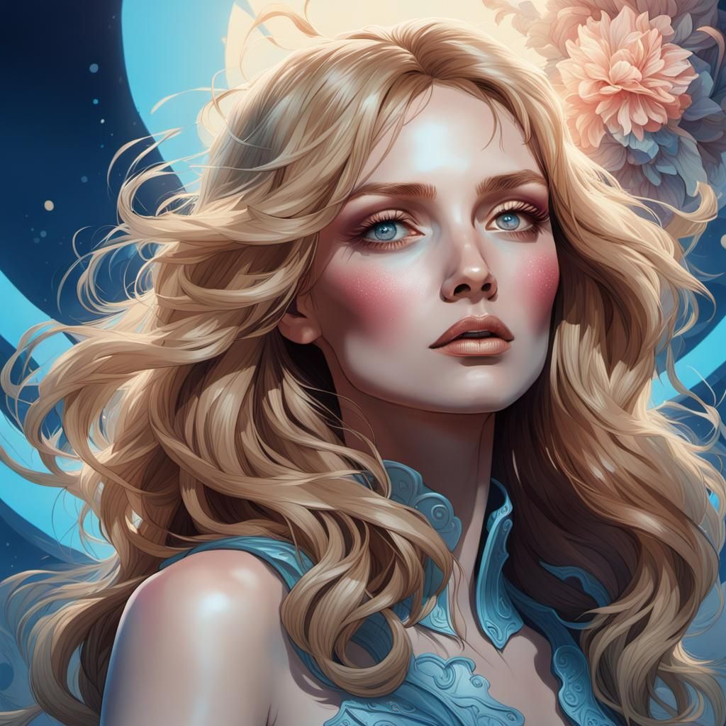 Blonde Woman Portrait on Starry Sky Background