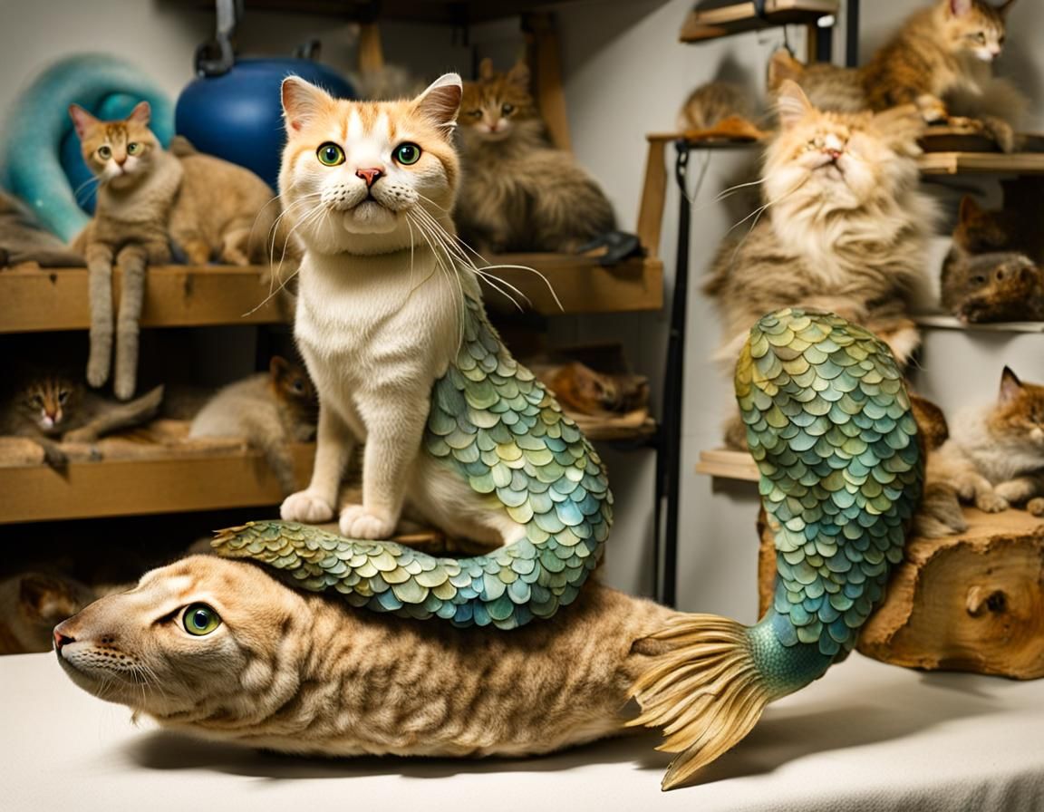 Taxidermied Cat Mermaid in Workshop