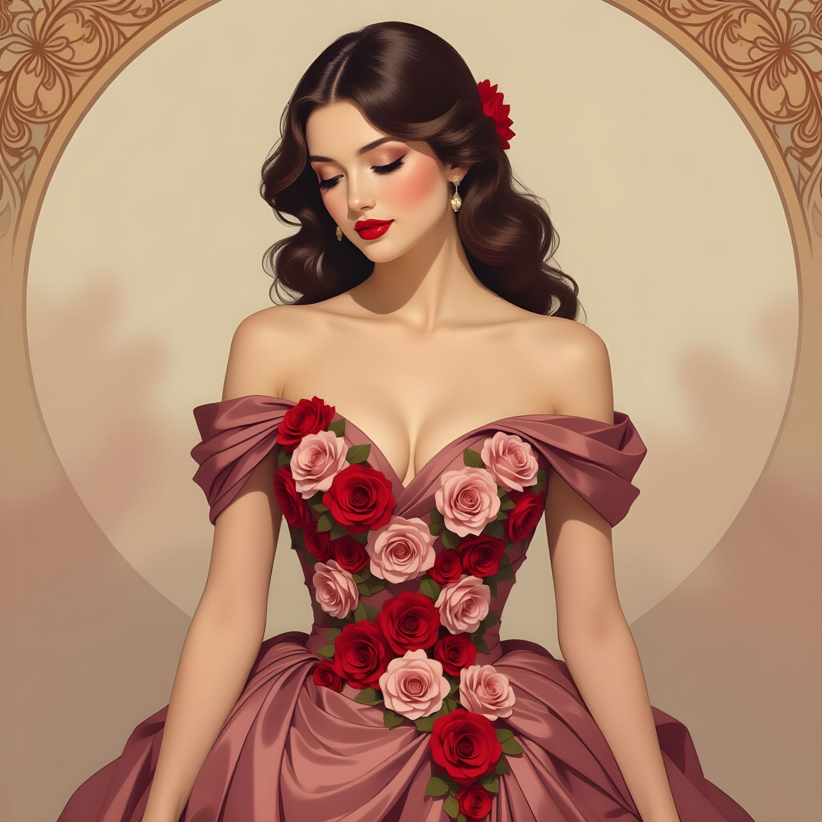 Woman in Rose Dress with Flowing Skirt