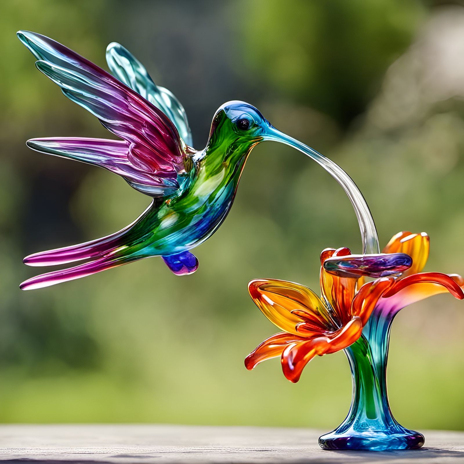 Colorful Glassblown Hummingbird on Flower