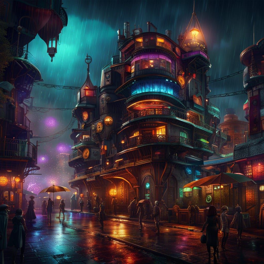 Steampunk Accra Poster Art in Vibrant Colors