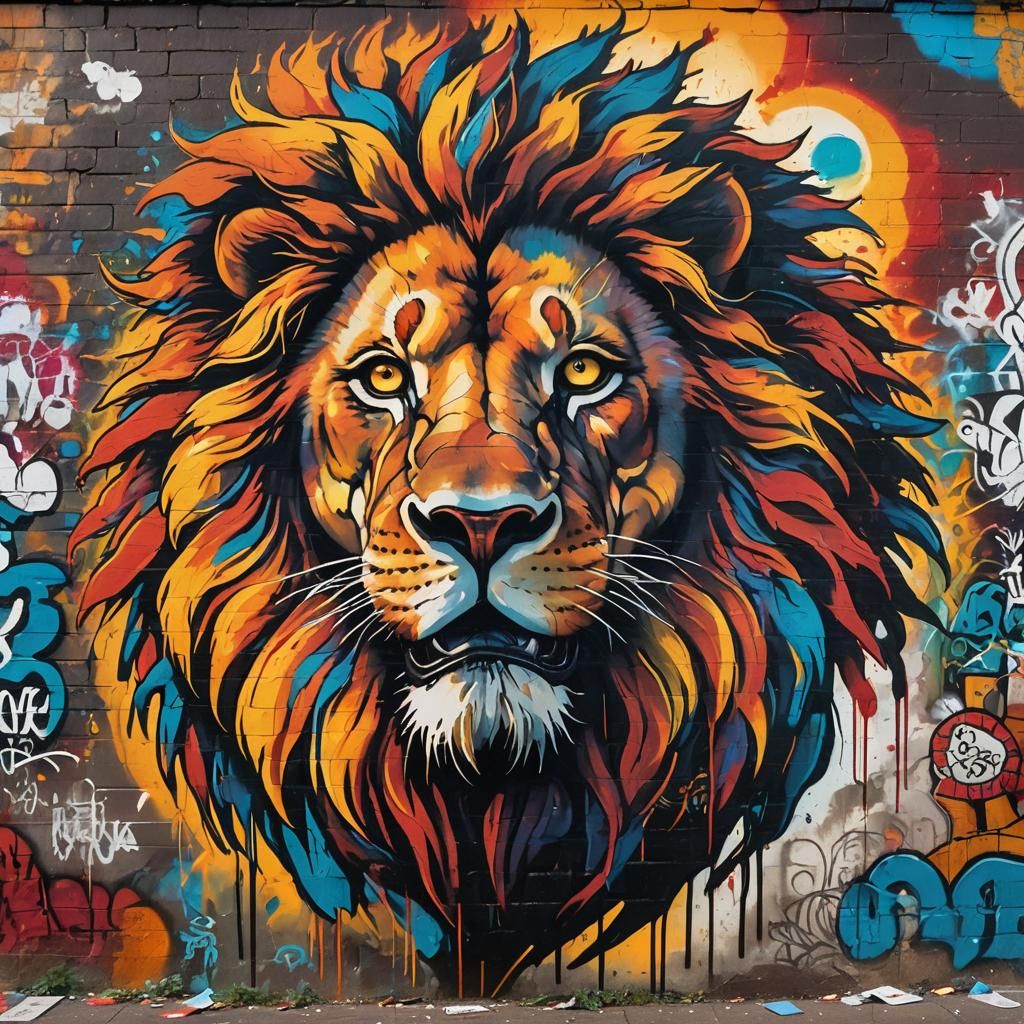 Fiery Lion Street Art Sunset