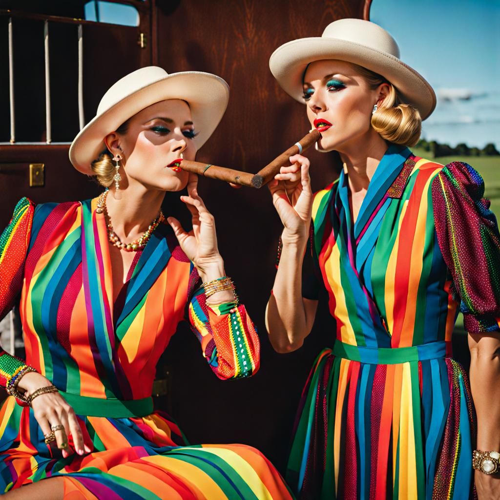 Women in Rainbow Dresses Enjoying Cigars