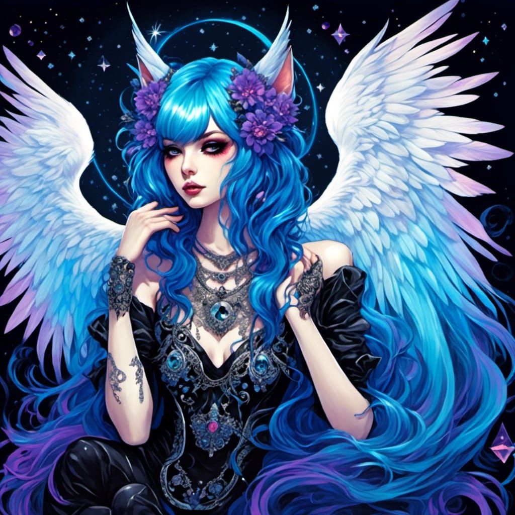 Cosmic Goth Neko Catgirl Goddess in Anime Style