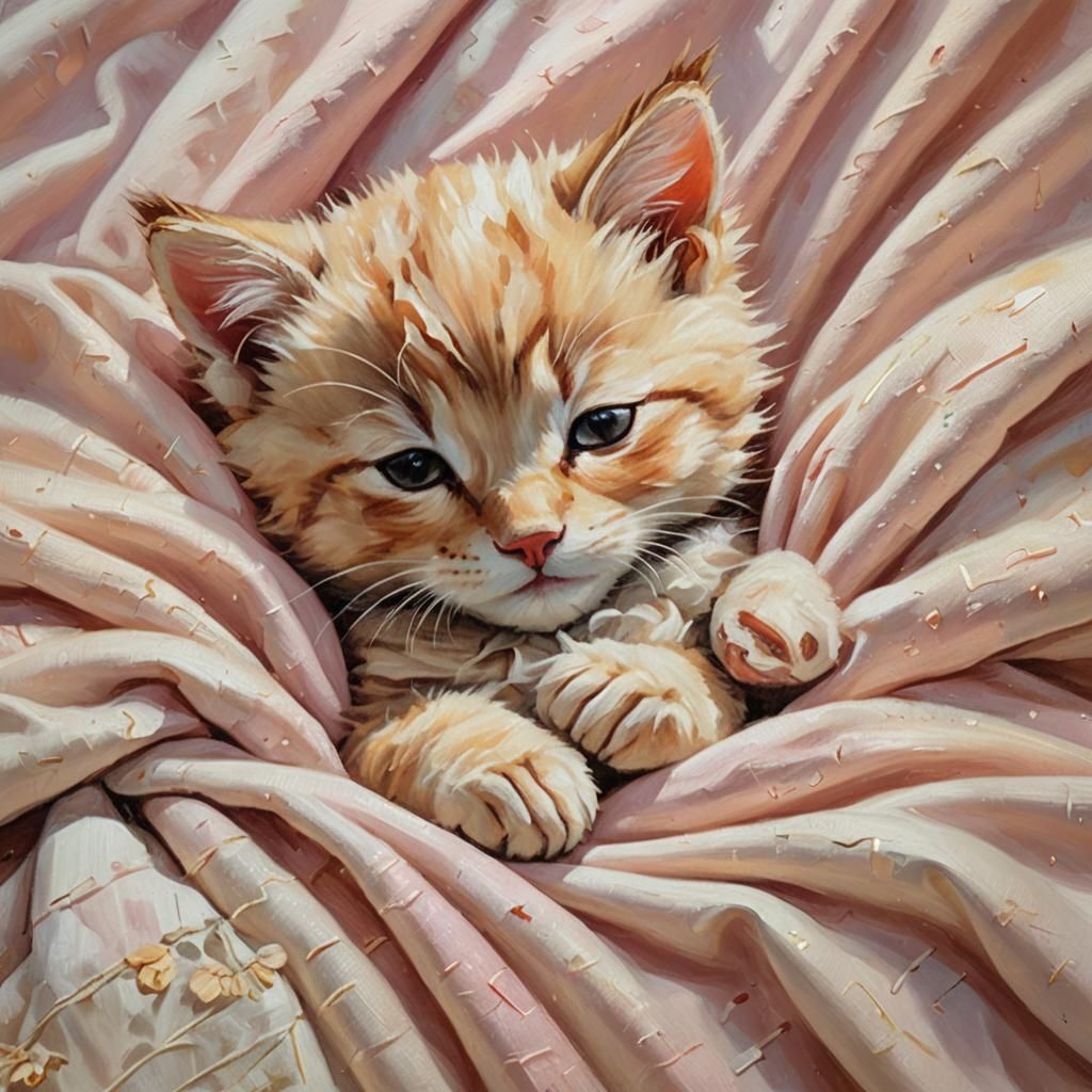 Cute Kitten Napping: A Whimsical Oil Painting